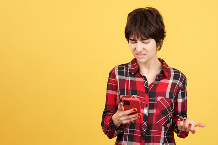 Angry androgynous person using a mobile phoneの写真素材