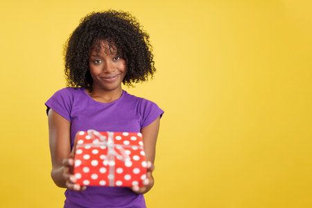 Generous woman with afro hair giving a presentの写真素材