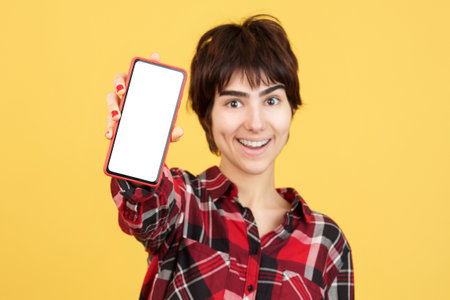 Androgynous person showing a blank mobile screenの写真素材