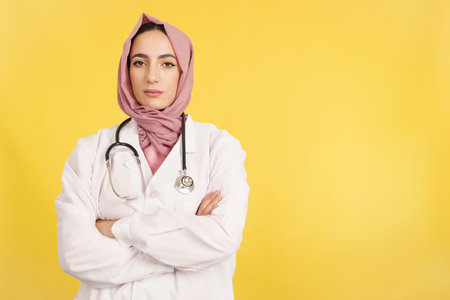 Serious female muslim doctor with arms crossed looking at cameraの写真素材