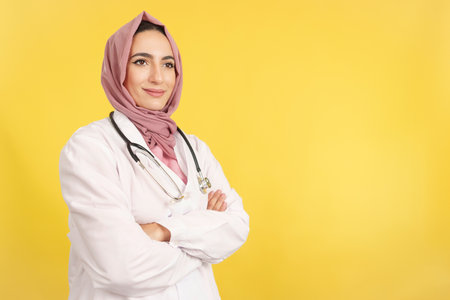 Happy female muslim doctor with arms crossed looking awayの写真素材