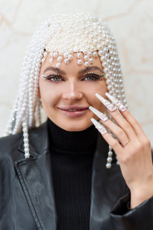 Artist with a wig of pearls, glitter and fake nailsの写真素材