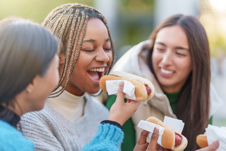 Three smiling friends eating hot dog in a parkの写真素材