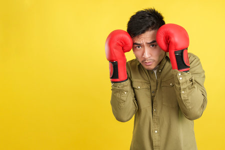 Chinese man in boxing guard position wearing boxing glovesの写真素材