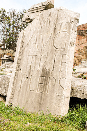 Slab of the Roman forum with inscriptions in Latinの写真素材