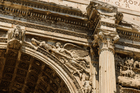Detail of arch of Septimius Severus in the Roman forumの写真素材