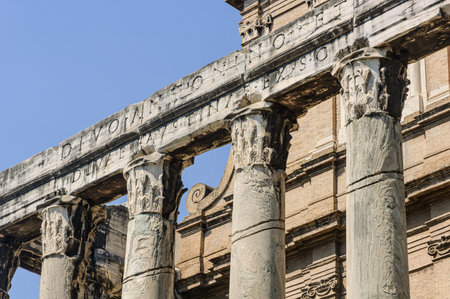 Detail of the entablature of temple of Antonio and Faustinaの写真素材