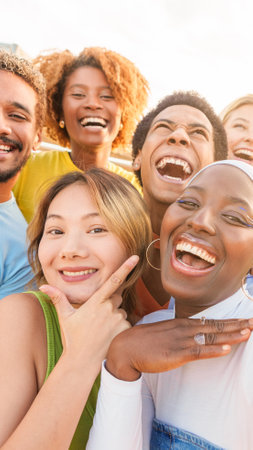 Excited multiethnic friends taking selfie outdoors during sunset