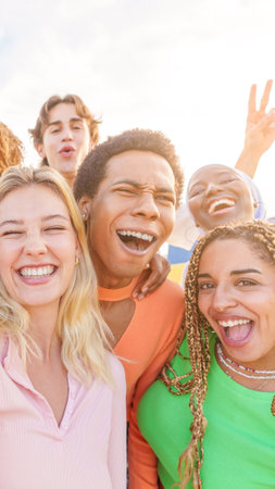 Friends taking selfie with multi-ethnic friendsの写真素材