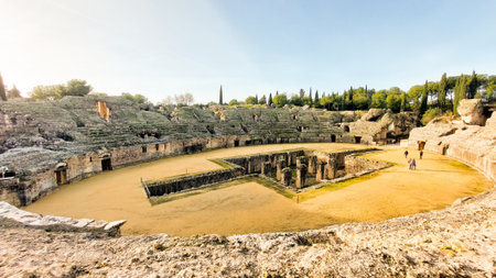 General view of the Roman amphitheater of Italicaの写真素材