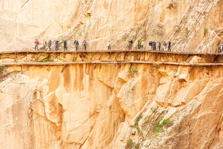 Hikers walking along the Caminito del Rey walkway. General viewの写真素材