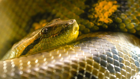 Green anaconda snake resting on its coils in the jungleの写真素材