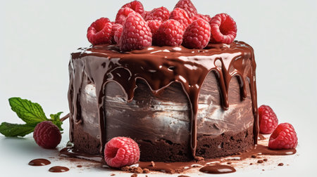 Behold the centerpiece of culinary perfection, a captivating chocolate cake positioned elegantly in the center of the photo. With its flawless presentation, it demands attention and entices the senses. The velvety layers of chocolate goodness are masterfully crafted, promising a symphony of indulgence. Adorned with plump and juicy raspberries on top, the cake becomes a work of art. Accompanying the masterpiece are additional raspberries and delicate mint leaves, adding a touch of freshness and vibrancy. Against the pristine white background, the cake stands as a symbol of culinary excellence, inviting you to savor every decadent bite. Let the richness of chocolate and the natural sweetness of raspberries transport you to a realm of pure dessert bliss.の素材