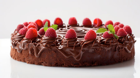 Indulge in the ultimate chocolate experience with this captivating photo featuring a centerpiece chocolate cake. Positioned perfectly in the center, it commands attention with its irresistible allure. The rich, velvety cake is meticulously adorned with succulent raspberries on top, adding a burst of freshness and tangy sweetness. Against the pristine white background, the cake stands as a testament to culinary artistry. Its flawless presentation and exquisite decoration make it a feast for the eyes and a delight for the taste buds. Succumb to the seductive charm of this chocolate masterpiece, as it tempts you to experience a moment of pure bliss with each delectable bite.の素材