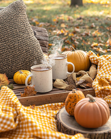 A cozy autumn setting featuring two steaming mugs of hot chocolate, small pumpkins, a knitted pillow, and a yellow gingham blanket. The warm tones and fallen leaves add to the relaxing fall atmosphere.の写真素材