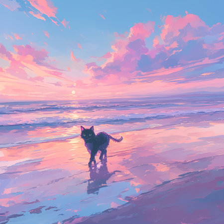 A small black cat walks along the wet shore during a glowing sunset, with the sky ablaze in pink, orange, and purple hues. The scene is peaceful, filled with soft light and reflections on the water.の写真素材