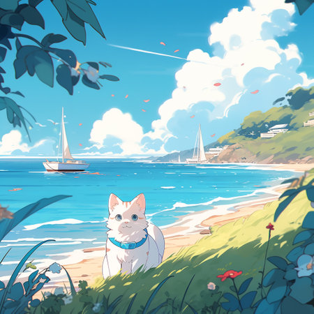 A cute white cat sits on a grassy hill by the beach, gazing at the sailboats on the blue ocean. The bright sky and fluffy clouds, along with the serene setting, create a peaceful seaside scene.の写真素材