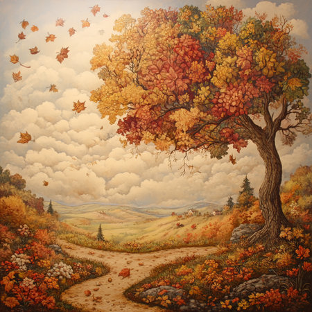 A large, whimsical autumn tree with vibrant yellow and red leaves set against a dreamy landscape of rolling hills and fluffy clouds. The leaves seem to float in the air, creating a magical fall scene.の写真素材