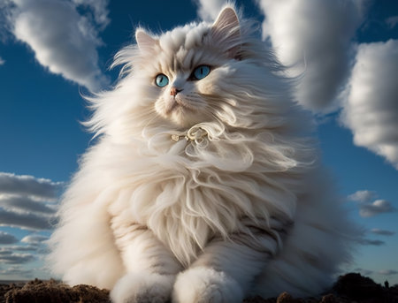 A majestic fluffy white cat with bright blue eyes sits calmly on the ground, surrounded by a vibrant blue sky filled with puffy clouds. Its luxurious fur sways gently, creating a serene and dreamy feel.の写真素材
