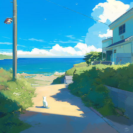 A white cat walks along a sunlit road overlooking the calm, blue ocean. The bright, clear sky, lush green surroundings, and peaceful atmosphere create a relaxing, picturesque seaside scene.の写真素材