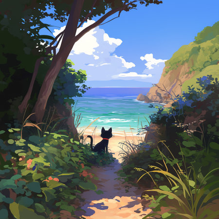 A black cat sits calmly on a path surrounded by lush greenery, gazing at the secluded beach below. The vivid blue ocean and clear sky in the background make this a perfect tranquil escape.の写真素材
