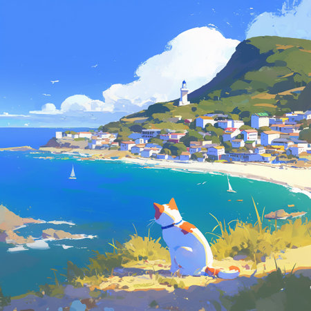 A white and orange cat sits atop a hill, gazing at a quaint coastal village nestled beside the blue sea. The village is lined with white houses, and the lighthouse adds a perfect seaside charm.の写真素材