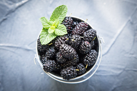 Fresh organic black mulberry in a small basket with mint leaves.