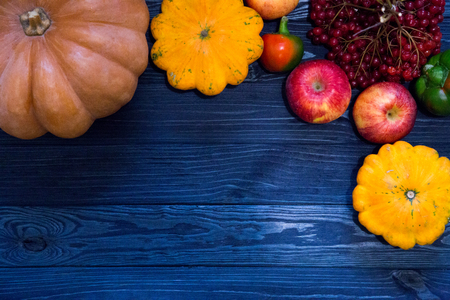 Autumn food background. Healthy food. Flat lay with copy spaceの写真素材