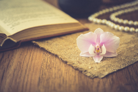 beautiful flower with old book and Cup of coffee or tea. Romantic background with retro filter effectの写真素材