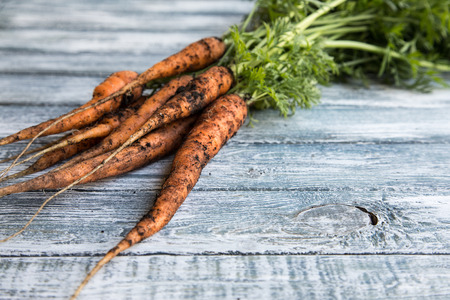fresh carrots bunch on wood. Bunch of fresh carrots with green leaves. Raw food ingredients.の写真素材