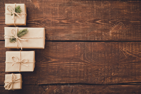 Christmas background. Christmas composition. Christmas gift, pine cones, fir branches.の写真素材