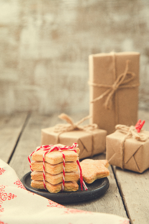 Christmas cookies with festive decoration. Christmas butter cookiesの写真素材