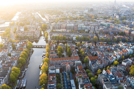 Panoramic aerial view of Amsterdam, Netherlands. View over historic part of Amsterdam/の写真素材