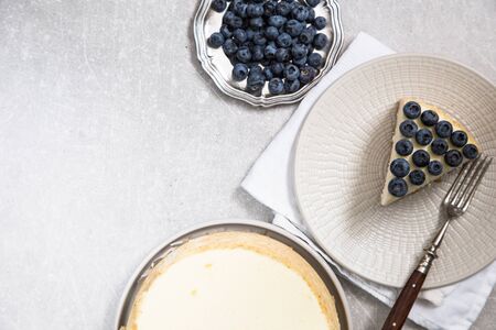 Slice Of Classical New York Cheesecake with blueberries On White Plate. Closeup View. Home bakery concept/の写真素材