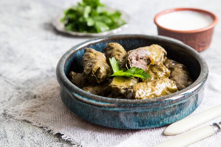 Traditional dolma  (sarma) in grape leaves with copyspace. Lebanon turkish greek middle eastern...
