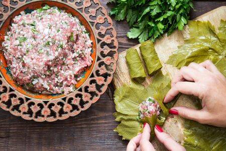 preparing stuffed vine leaves with rice and meat, or traditional Dolma.Top view.の写真素材