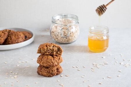Homemade oatmeal cookies with honey. Healthy Food Snack Conceptの写真素材