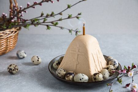 Paskha and kulich, Traditional Orthodox Easter Quark Dessert Curd. Easter background. Traditional...