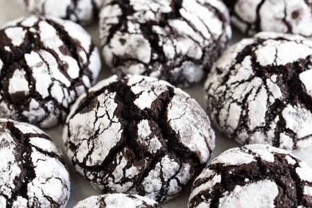 chocolate cookies. homemade chocolate crinkles cookies powdered sugar.