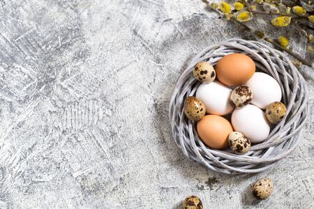 natural fresh eggs in a wreath. spring or easter background with place for text.の写真素材