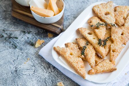 Homemade Cheese Cookies. Cheese cookies, homemade wholesome pastries. Cheese and White Wine.の写真素材
