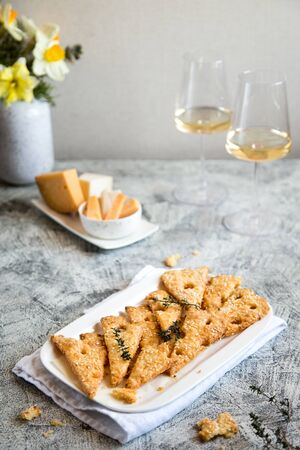 Homemade Cheese Cookies. Cheese cookies, homemade wholesome pastries. Cheese and White Wine.の写真素材