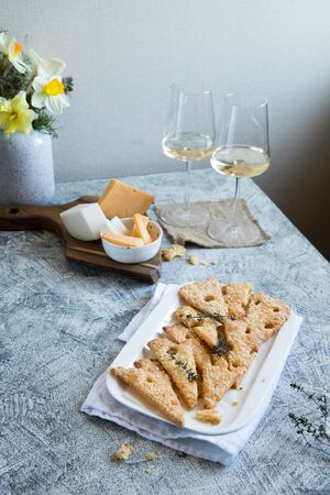 Homemade Cheese Cookies. Cheese cookies, homemade wholesome pastries. Cheese and White Wine.の写真素材