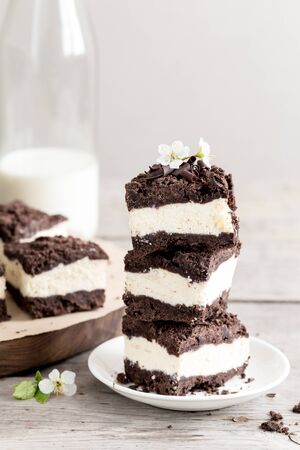 Royal cheesecake with with chocolate crumbs. homemade cottage cheese dessert with chocolate doughの写真素材
