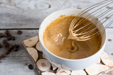dalgona coffee making process, whipped instant coffee. cream coffee, iced coffee/の写真素材