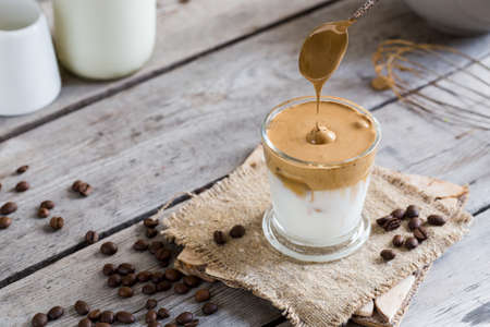 Coffee trend - dalgona coffee, whipped instant coffee. cream coffee, iced coffeeの写真素材