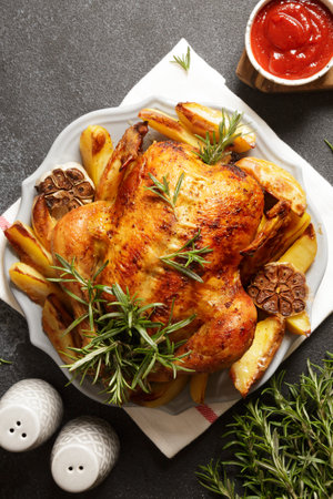 baked whole chicken with rosemary, garlic and ketchup on dack gray concrete background. roasted chickenの写真素材