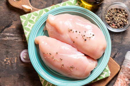 raw chicken breasts on a plate and wood background with onion and garlic.の写真素材