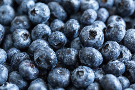 Fresh juicy blueberries background. Flat lay top view copy space. Healthy berry, organic food, antioxidant, vitamin, blue food.の写真素材