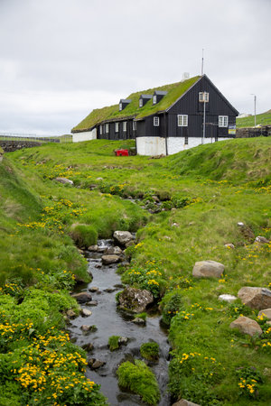 beautiful view of the Faroe Islands. waterfalls and picturesque houses, green grassの写真素材